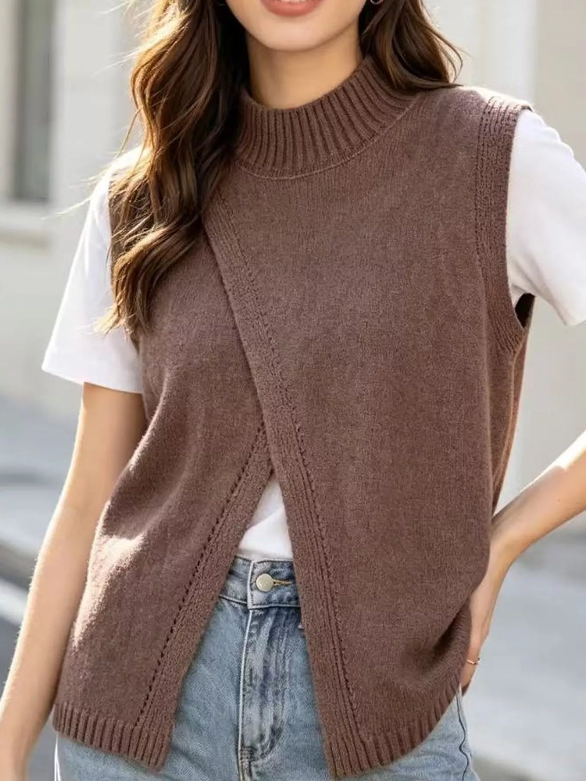 Mock Neck Asymmetrical Hem Knit Sweater Vest in coffee