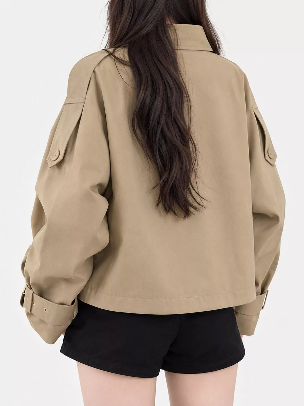 Beige double-breasted cropped trench jacket, back view