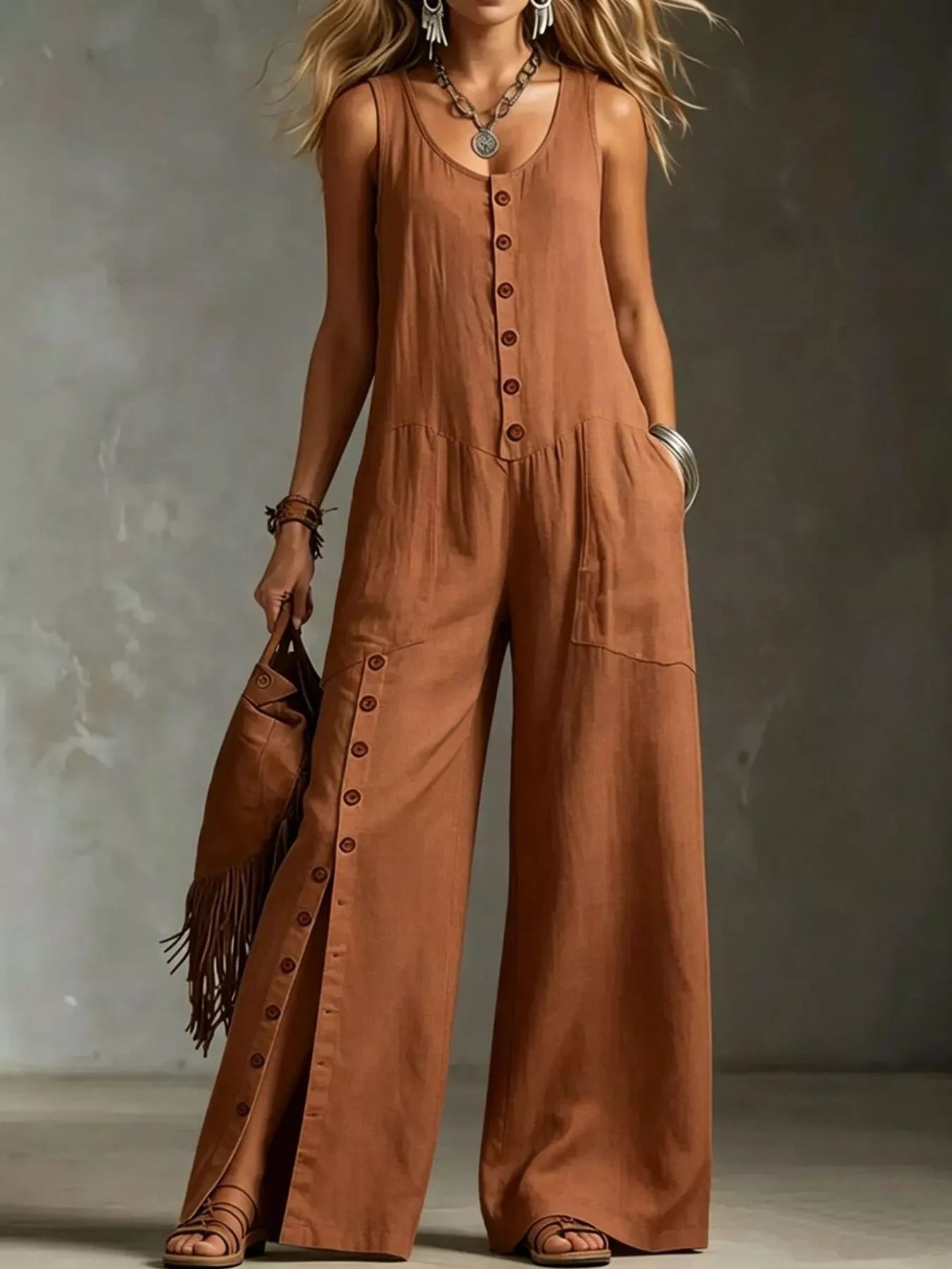 Trendsi Full Size Sleeveless Button-Down Wide-Leg Jumpsuit Plus Size -