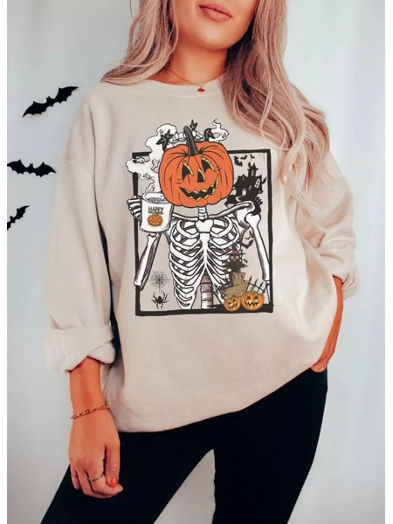 Trendsi Halloween Pumpkin Floral Round Neck Sweatshirt -