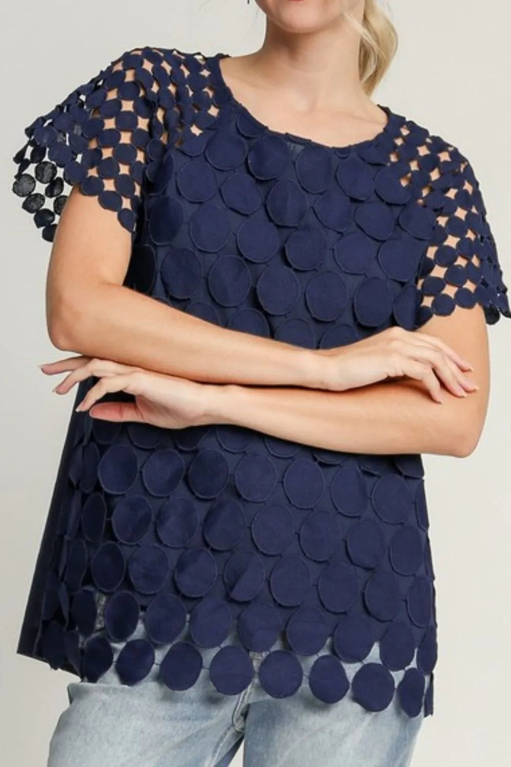 Women's Cotton Polka-Dot Lace Raglan-Sleeve Boxy Top — product view 2