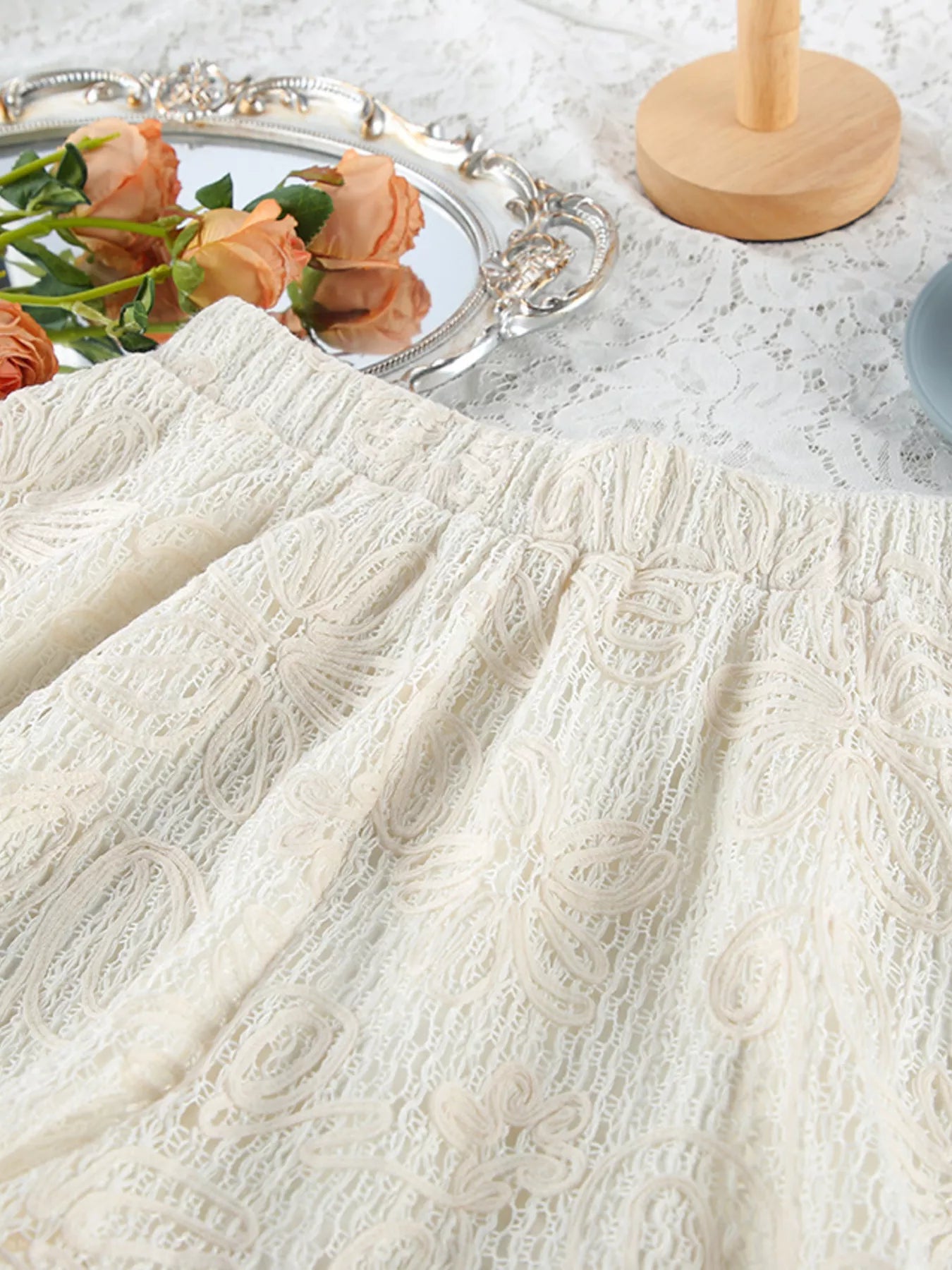 Trendsi Lace Crochet Tie Front Top and Shorts Two-Piece Lounge Set -