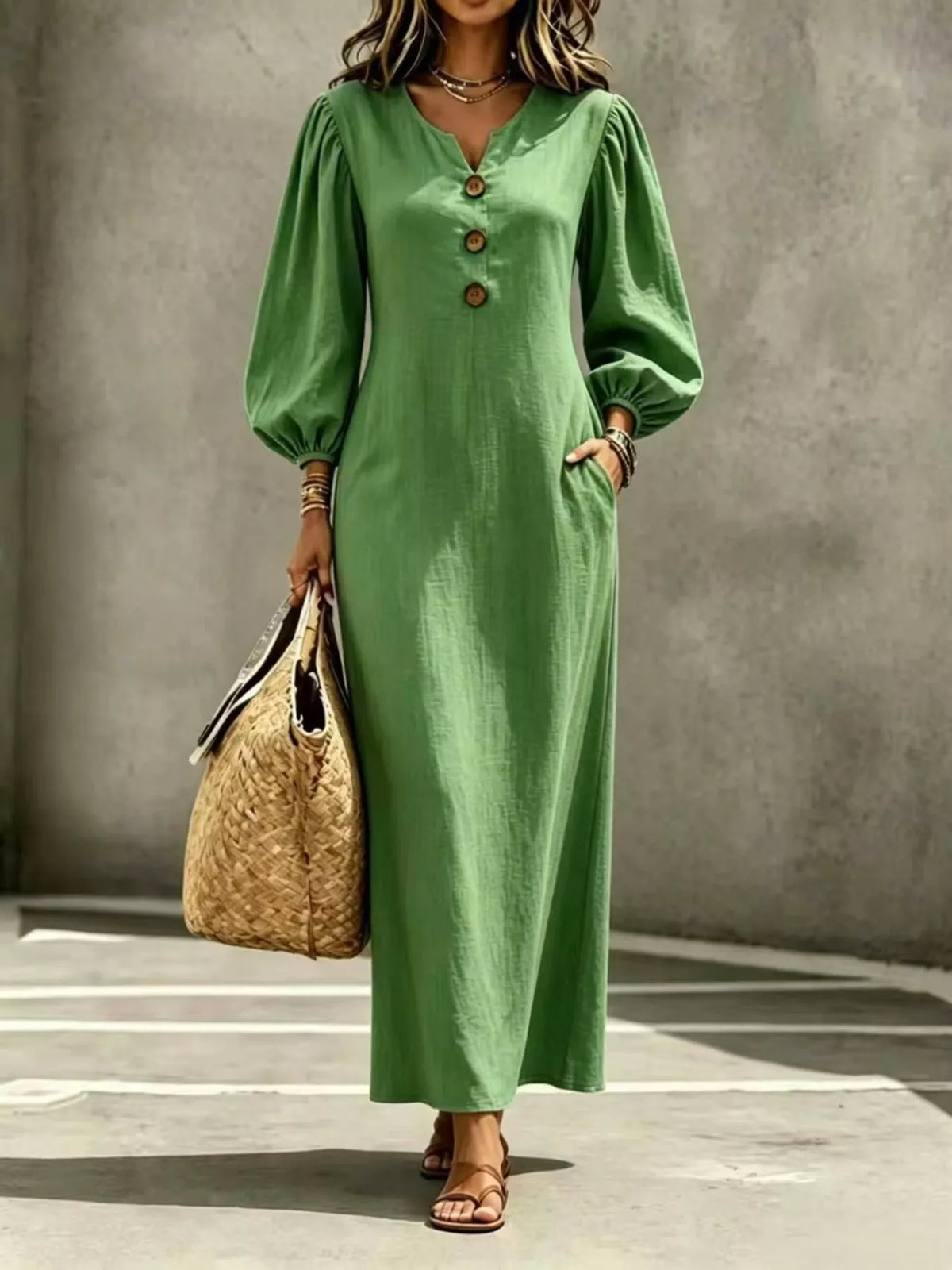 Green balloon-sleeve maxi dress, full front view