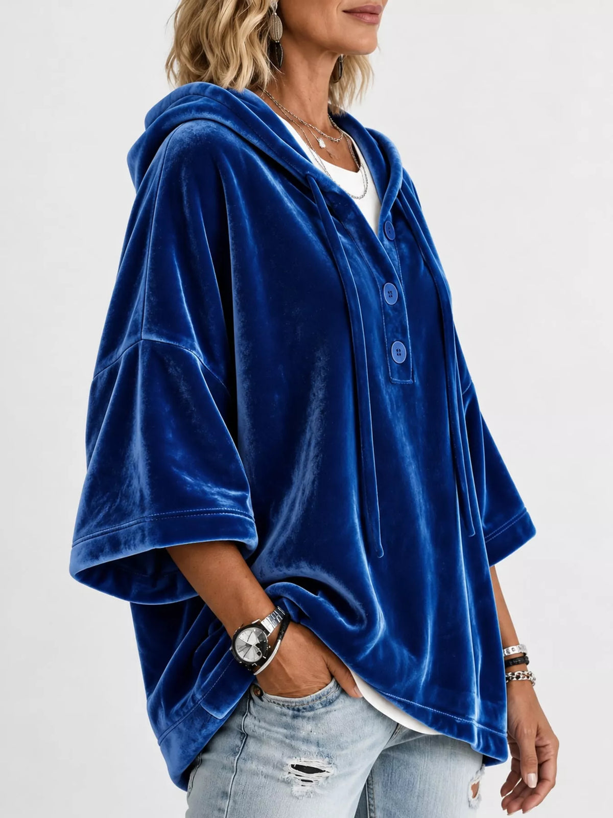 Velvet Button Hoodie in dark blue, side view