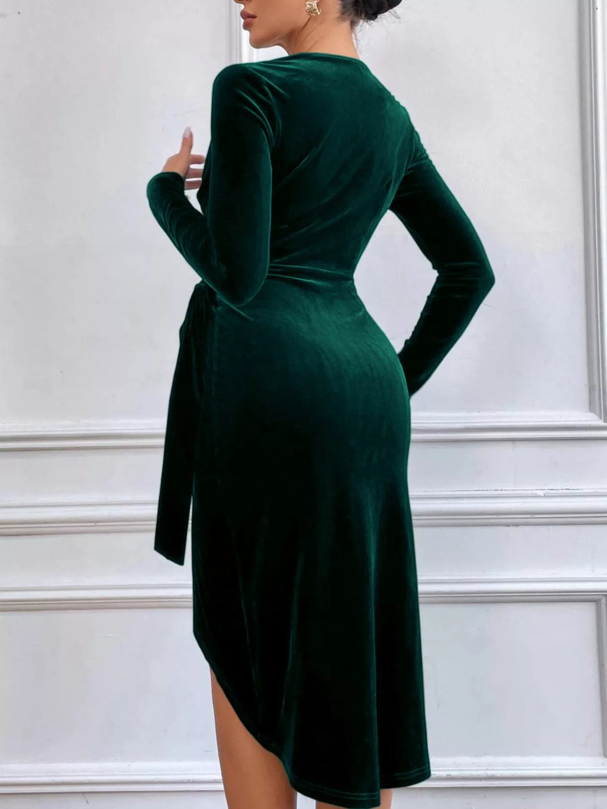 Velvet wrap long sleeve midi dress