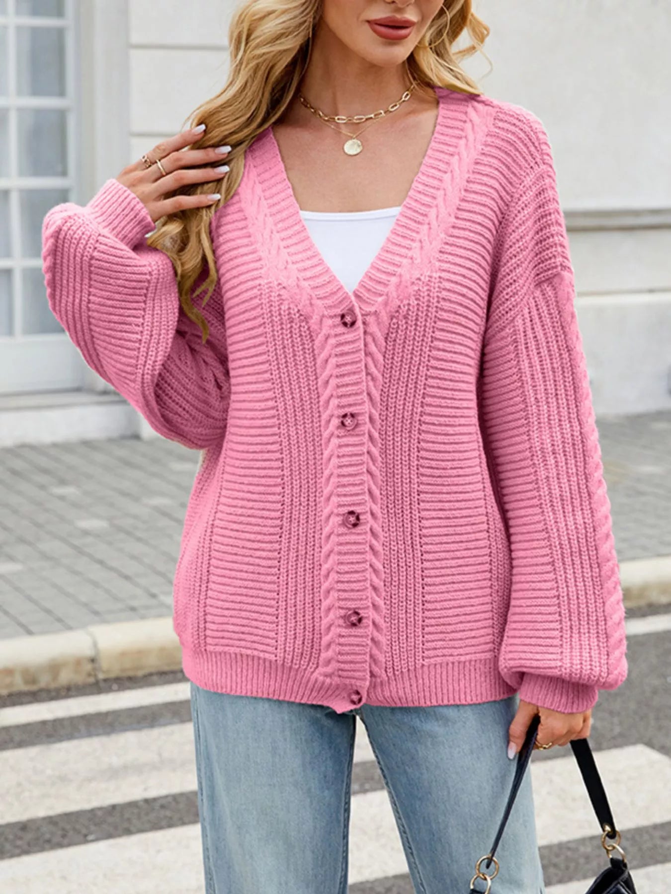 Trendsi Cable Knit Button-Up Cardigan -