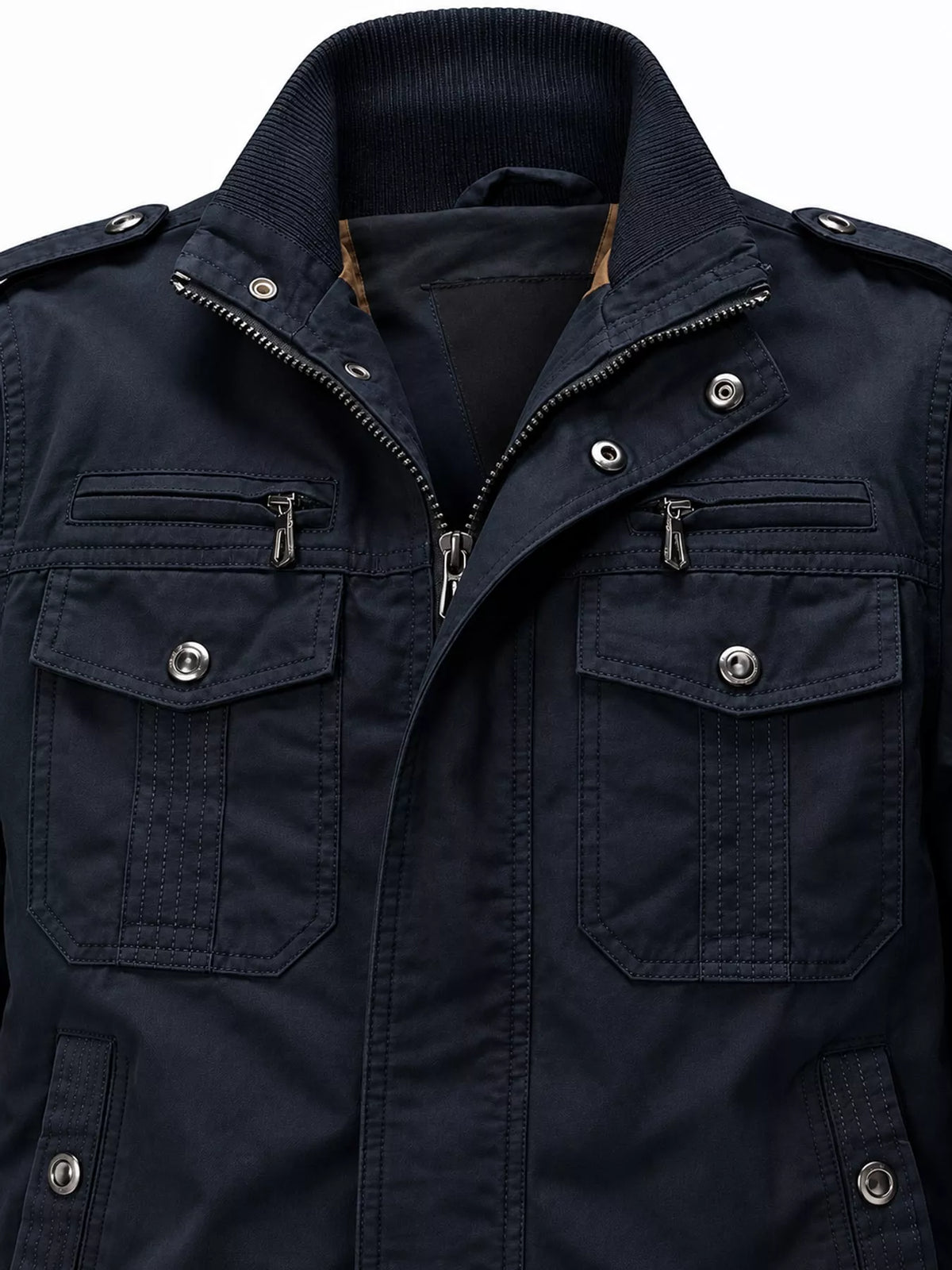 Multi-Pocket Tactical Bomber Jacket — garment construction details