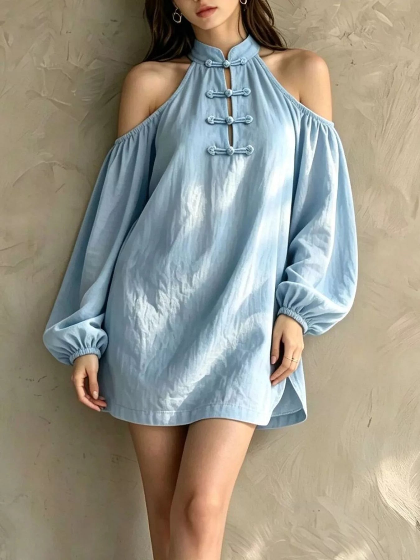 Trendsi Cold-Shoulder Balloon Sleeve Mini Dress -