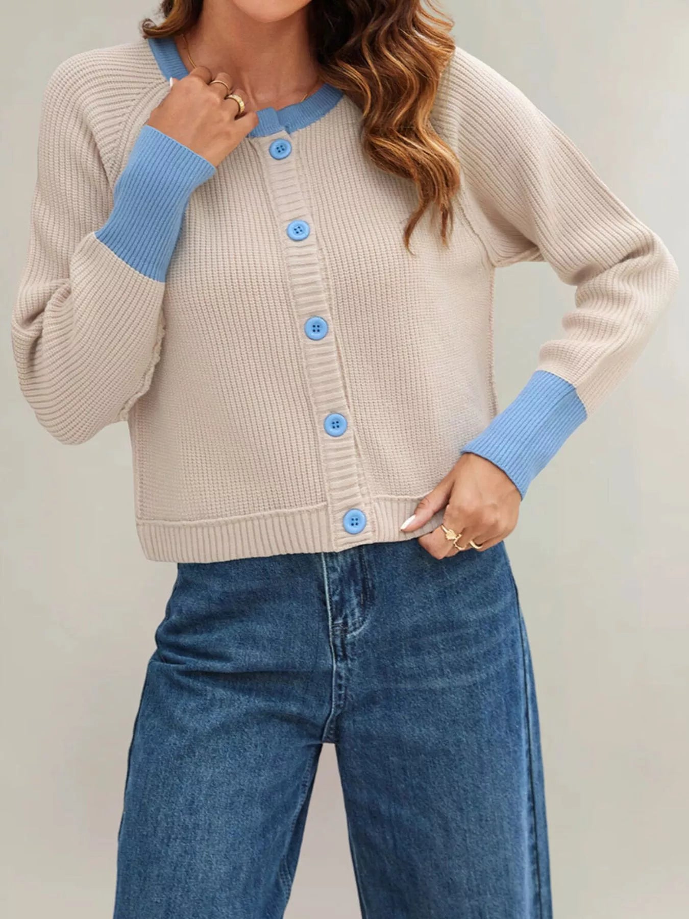 Trendsi Color Block Ribbed Knit Button-Front Cardigan -