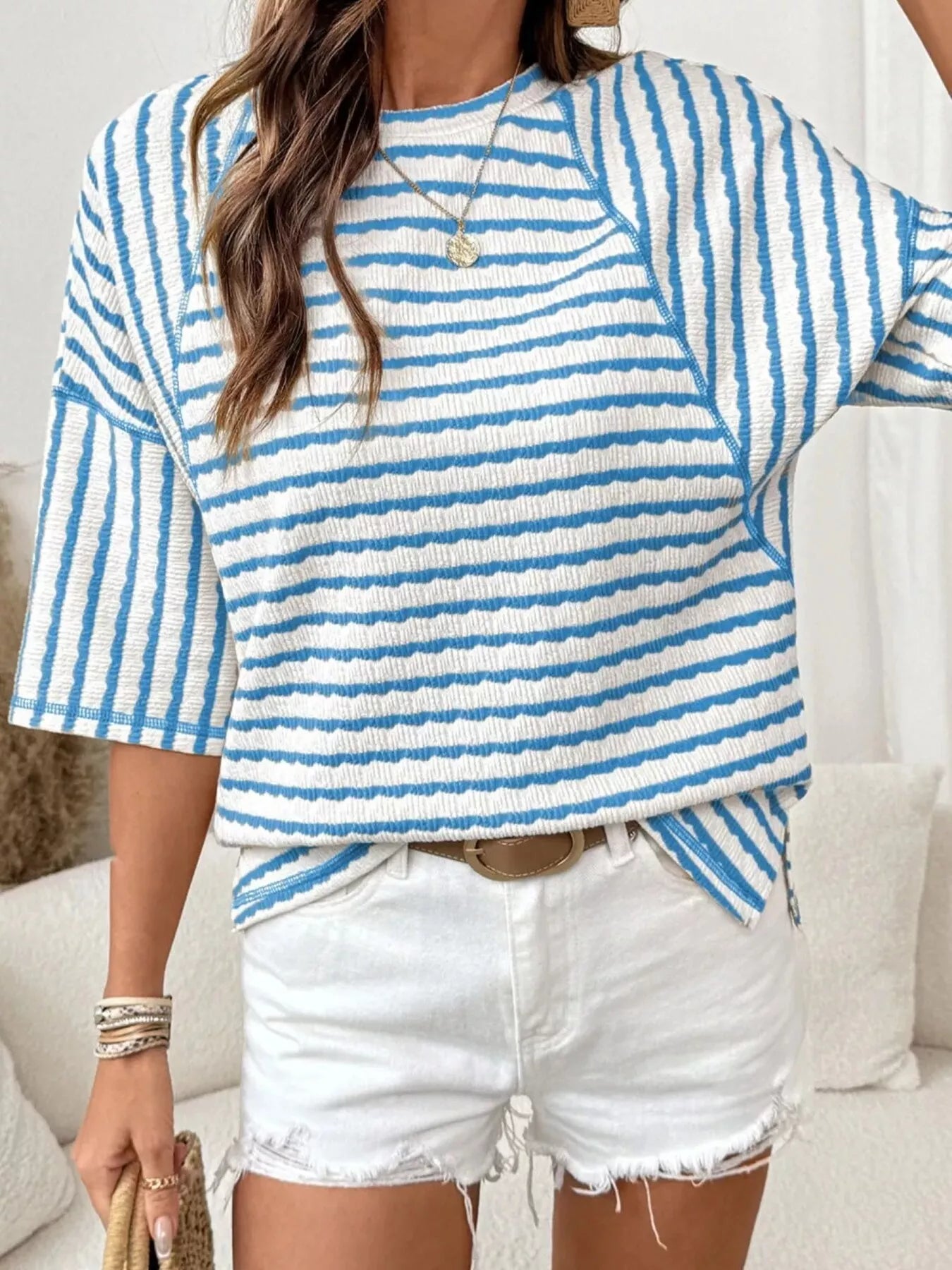 Trendsi Casual Striped Raglan Sleeve Textured T-Shirt -