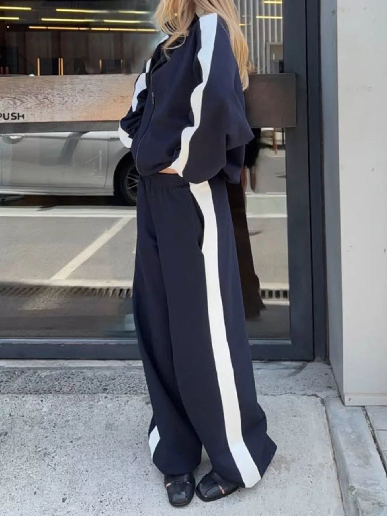 Trendsi Contrast Side Stripe Zip Up Top and Pants Set -