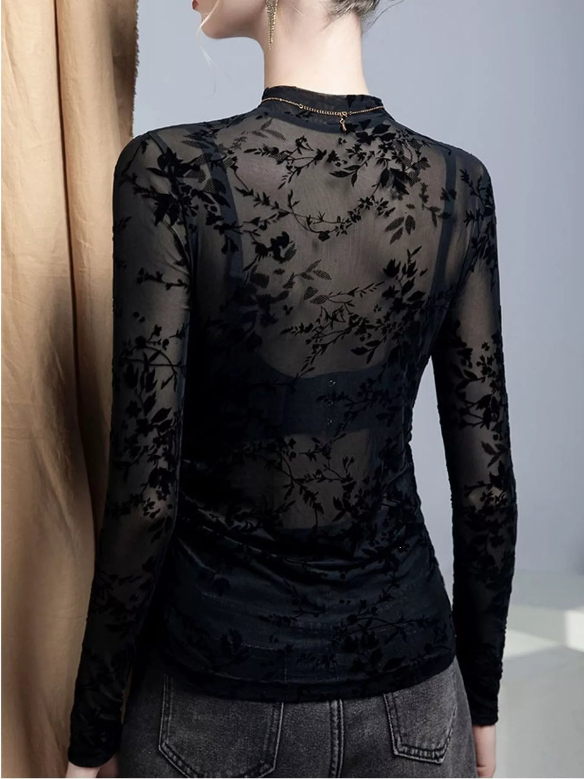 Black sheer mesh lace long sleeve t-shirt — back view