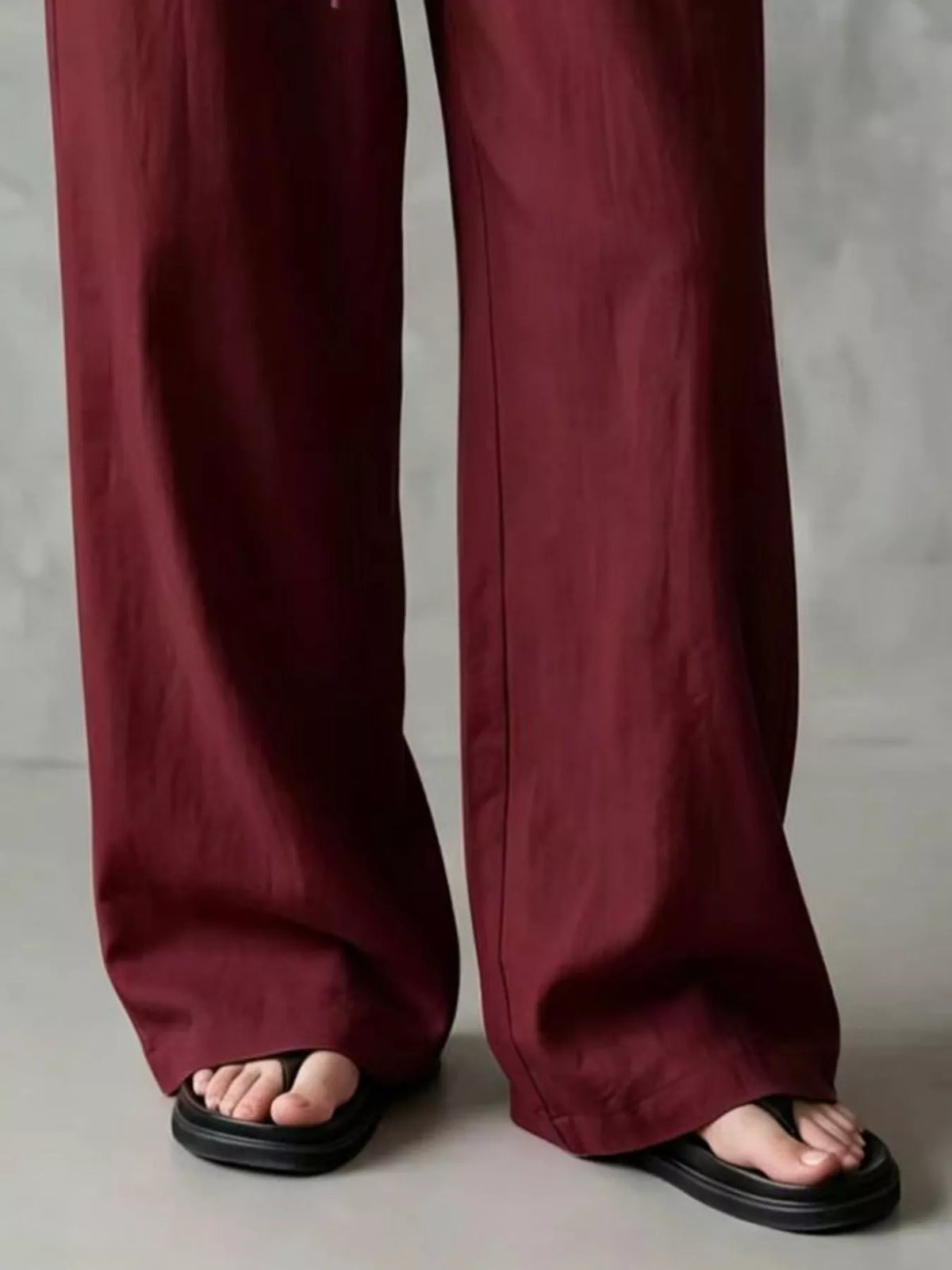 Women's Drawstring Wide-Leg Casual Pants in burgundy — hem detail view