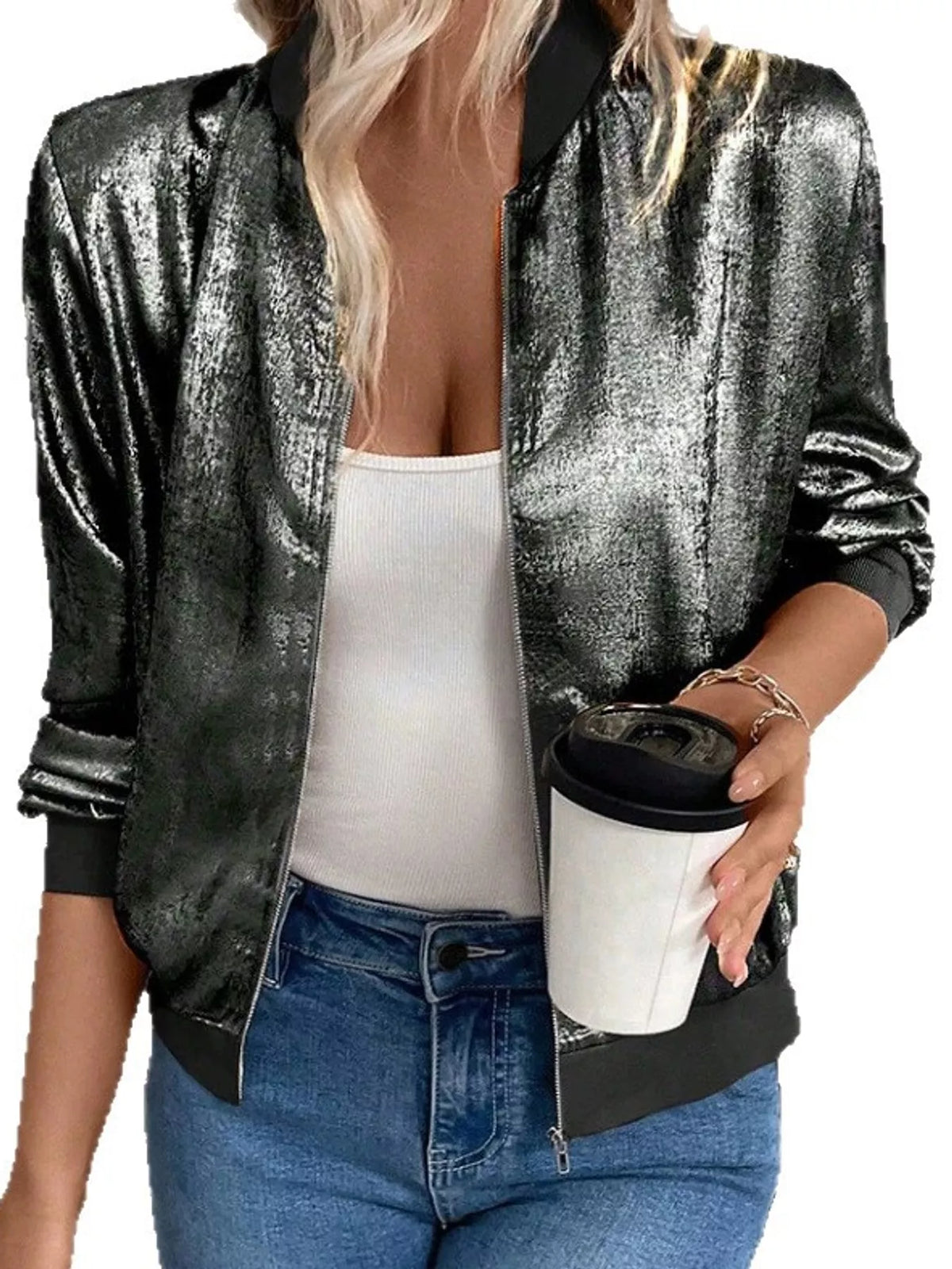 Zip-up bomber jacket, dark metallic front