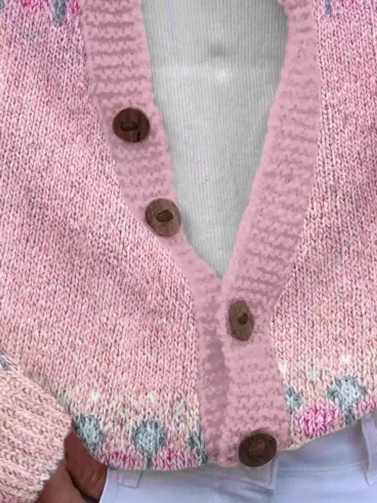 Pink-8722 patterned button-front knit cardigan