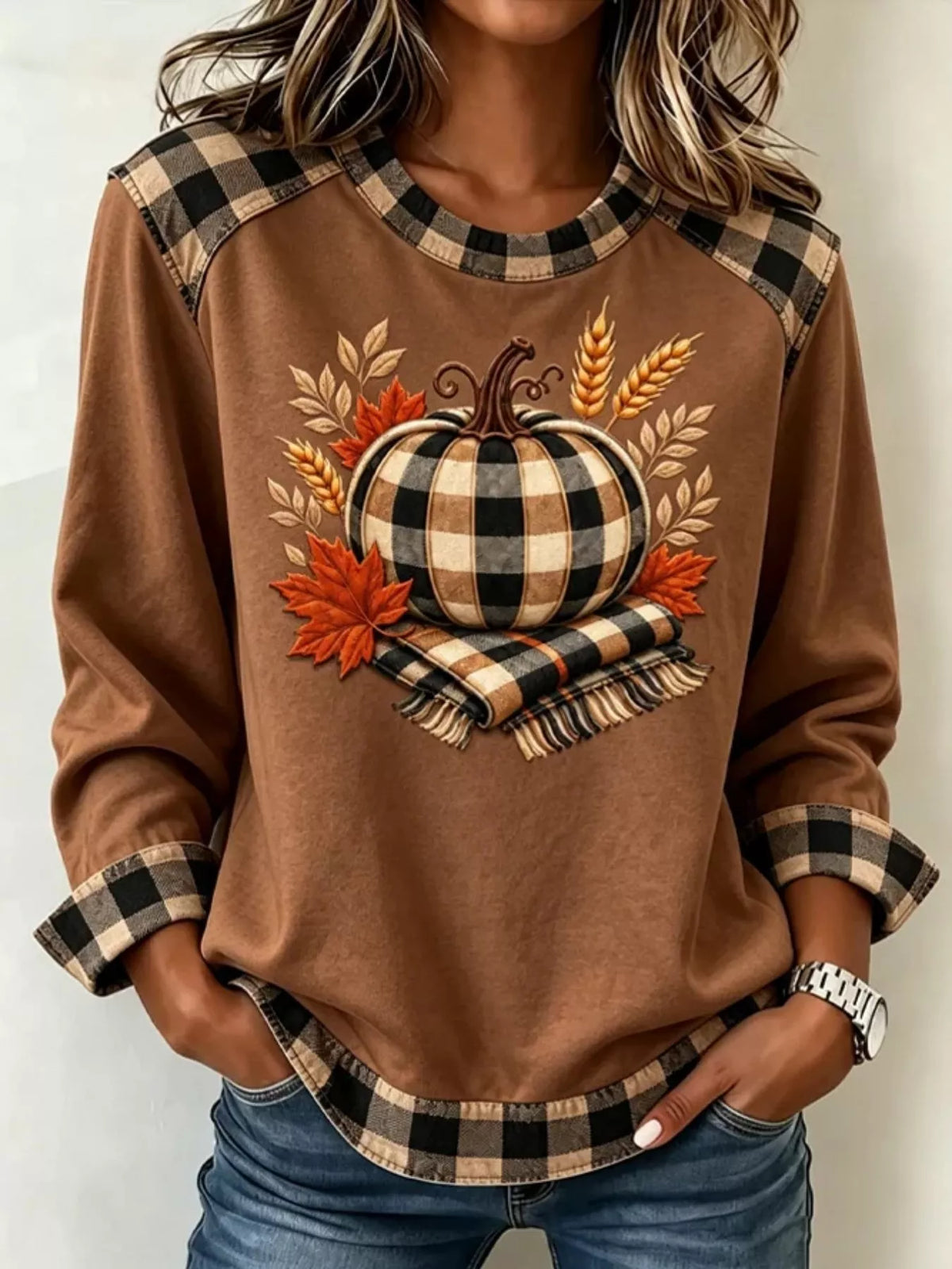 Brown pumpkin-patchwork sweatshirt, front view