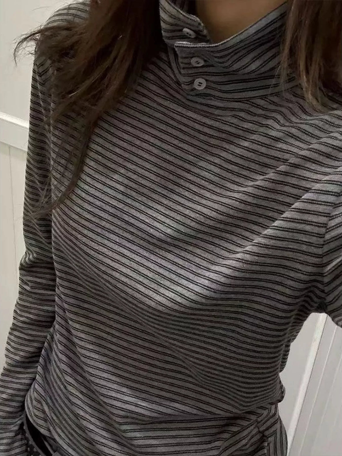 Dark Gray striped mock neck button-detail long sleeve t-shirt