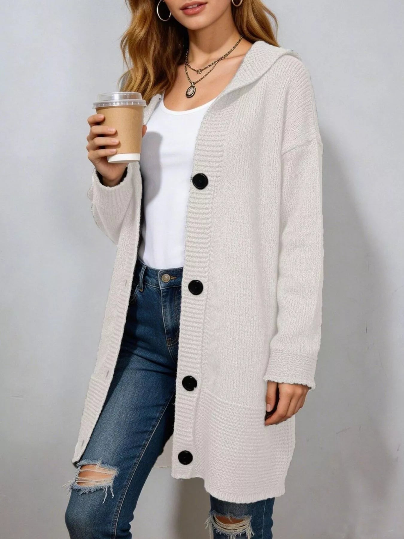 Trendsi Full Size Casual Hooded Button-Down Knit Cardigan Plus Size -
