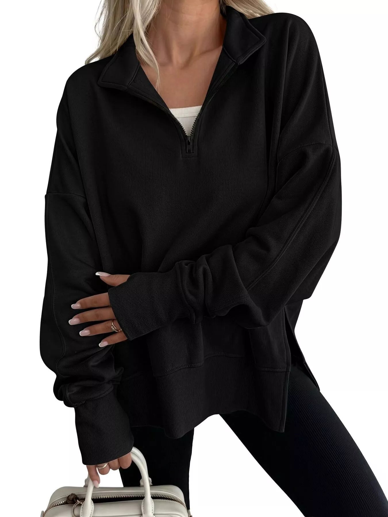 Trendsi Quarter-Zip Dropped Shoulder Sweatshirt -