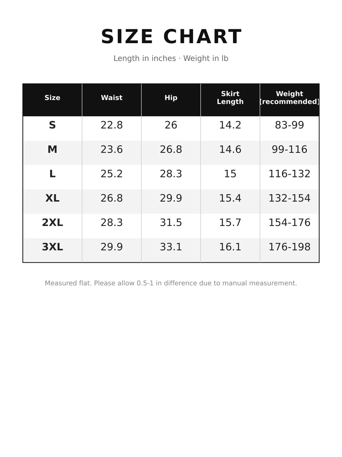 Size chart for flared athletic skort