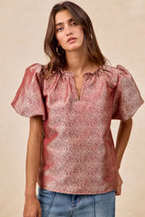 Trendsi BiBi Jacquard Woven Short Balloon Sleeves V Neck Top -