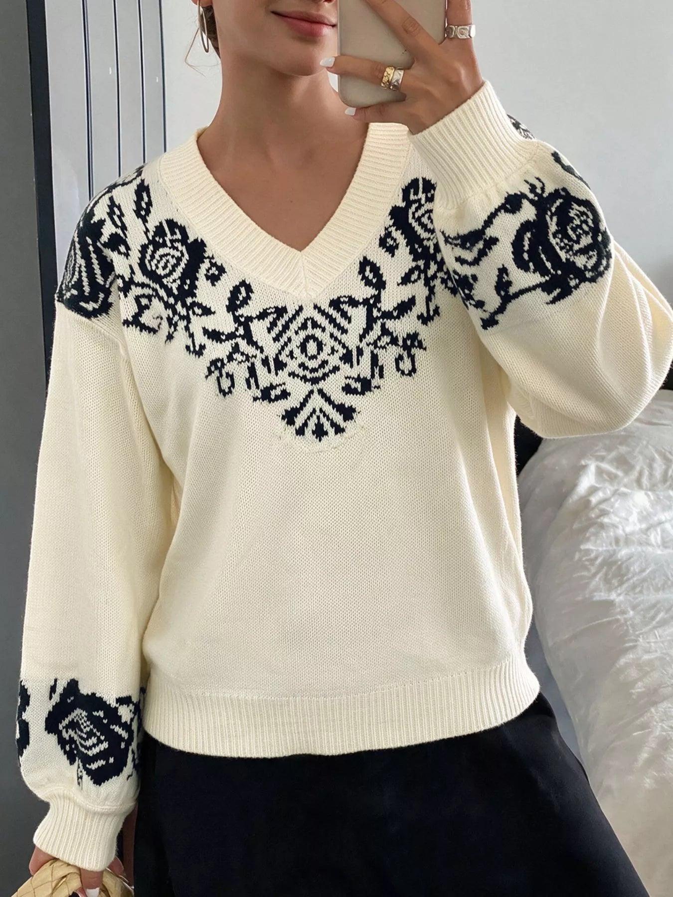 Trendsi Floral Dropped Shoulder Sweater -