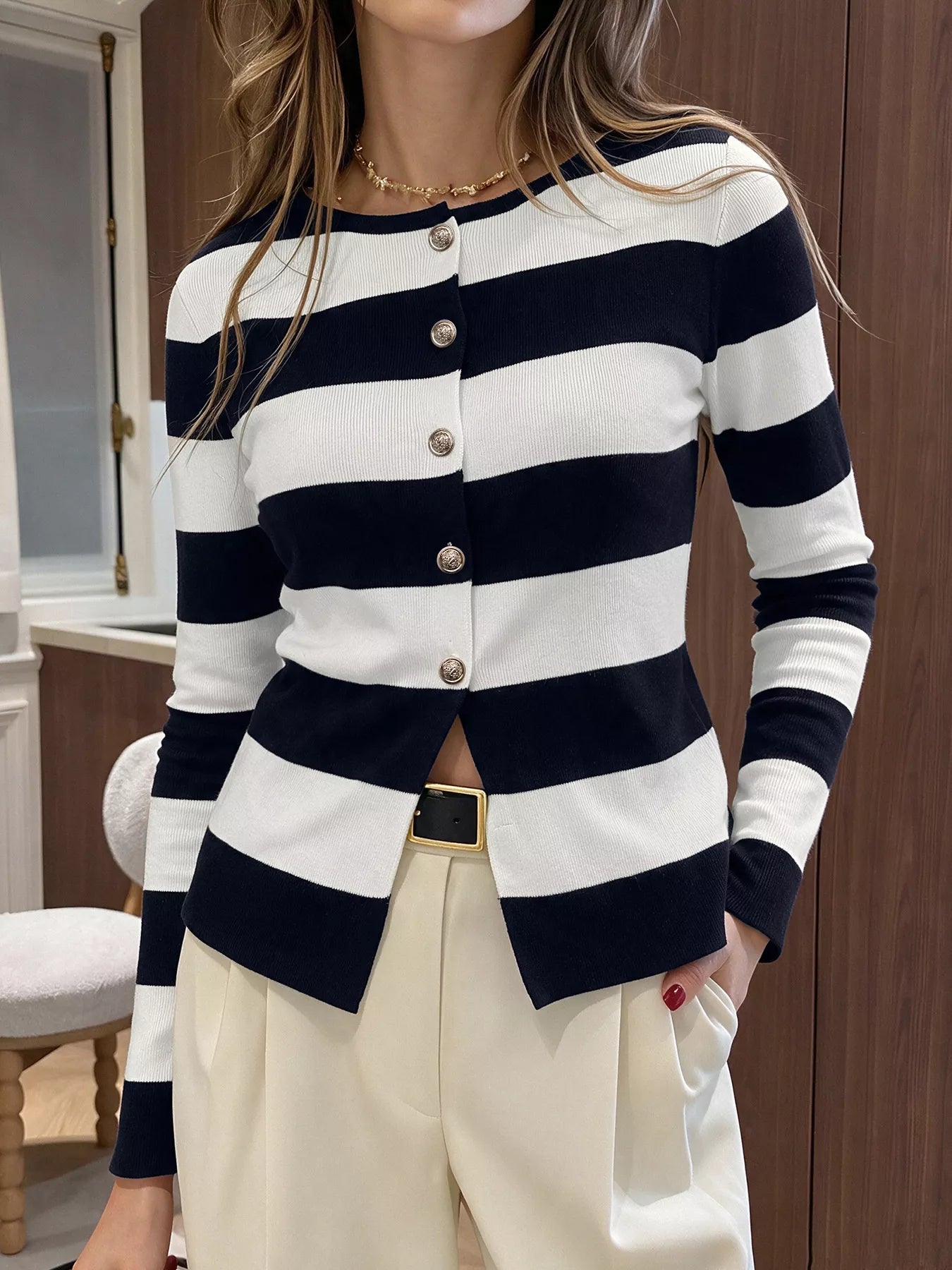 Trendsi Striped Button-Down Knit Cardigan -