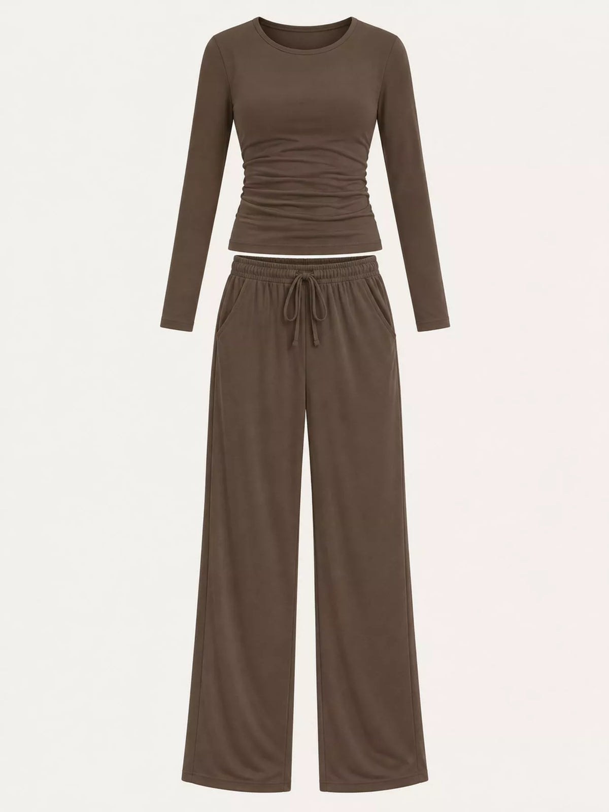 Long Sleeve Ruched Top and Wide-Leg Drawstring Pants Set — garment front