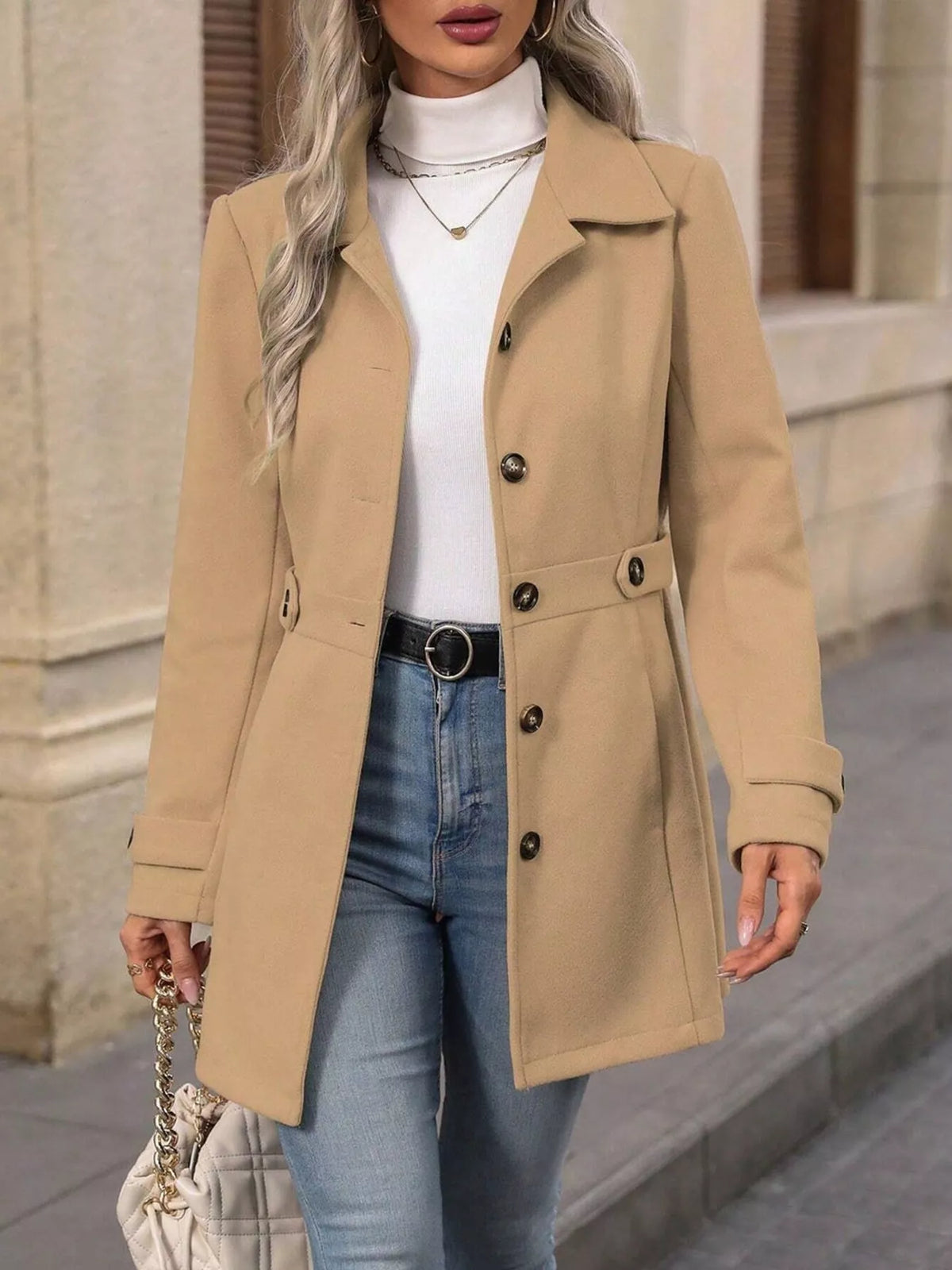 Camel single-breasted coat, open front view