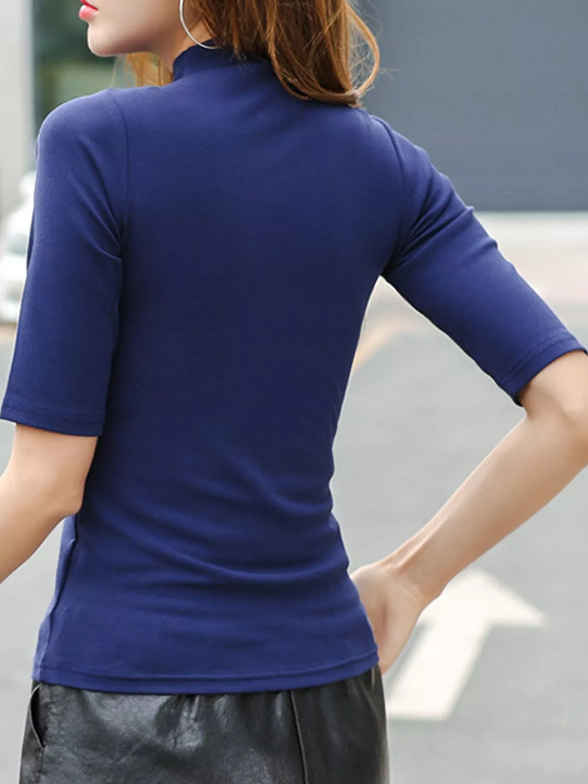 Navy mock neck half sleeve t-shirt, back view