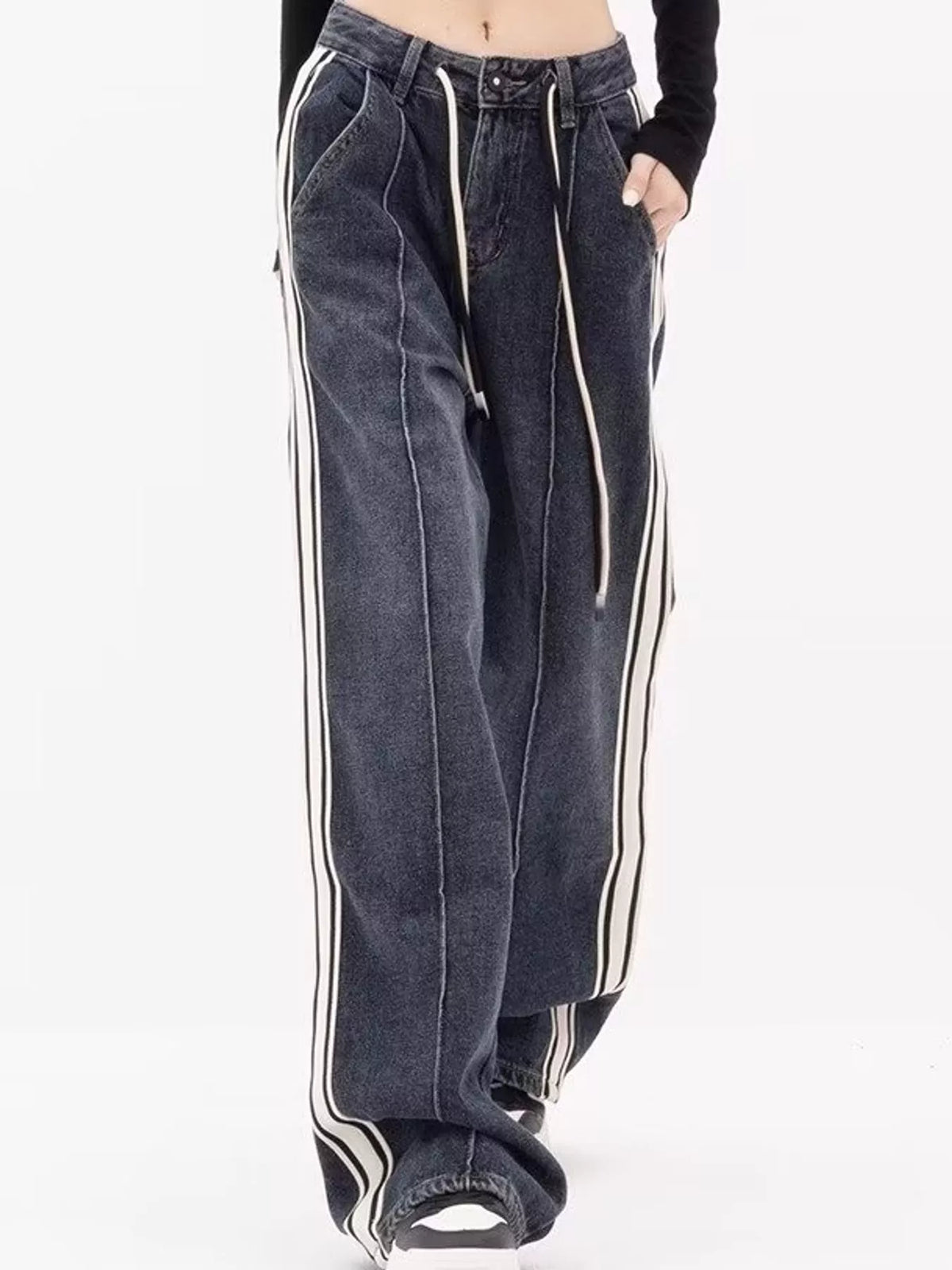 High-Waisted Wide-Leg Contrast Stripe Jeans, front view