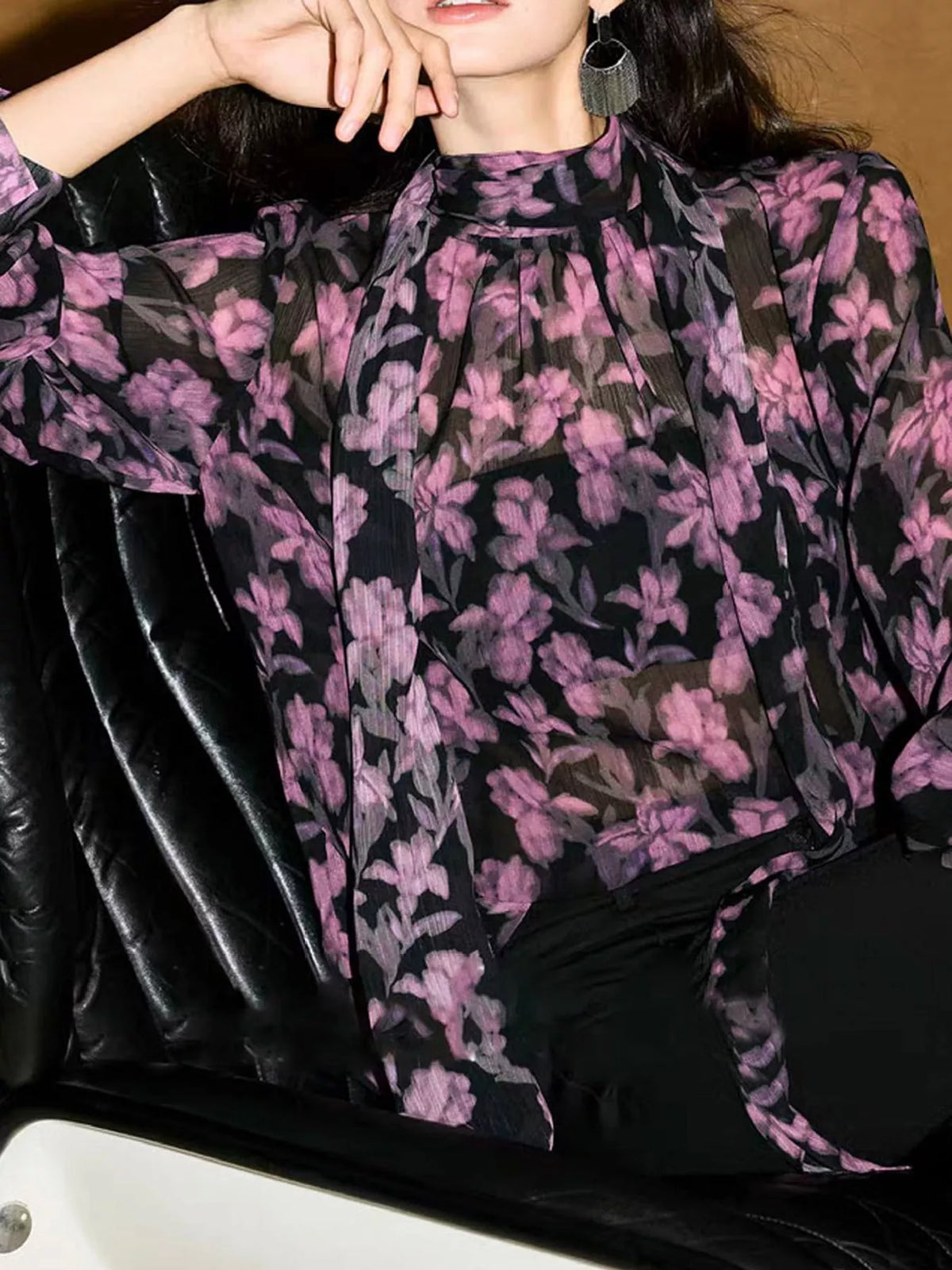 Floral Print Chiffon Blouse with Tie-Neck Detail, detail view in purple