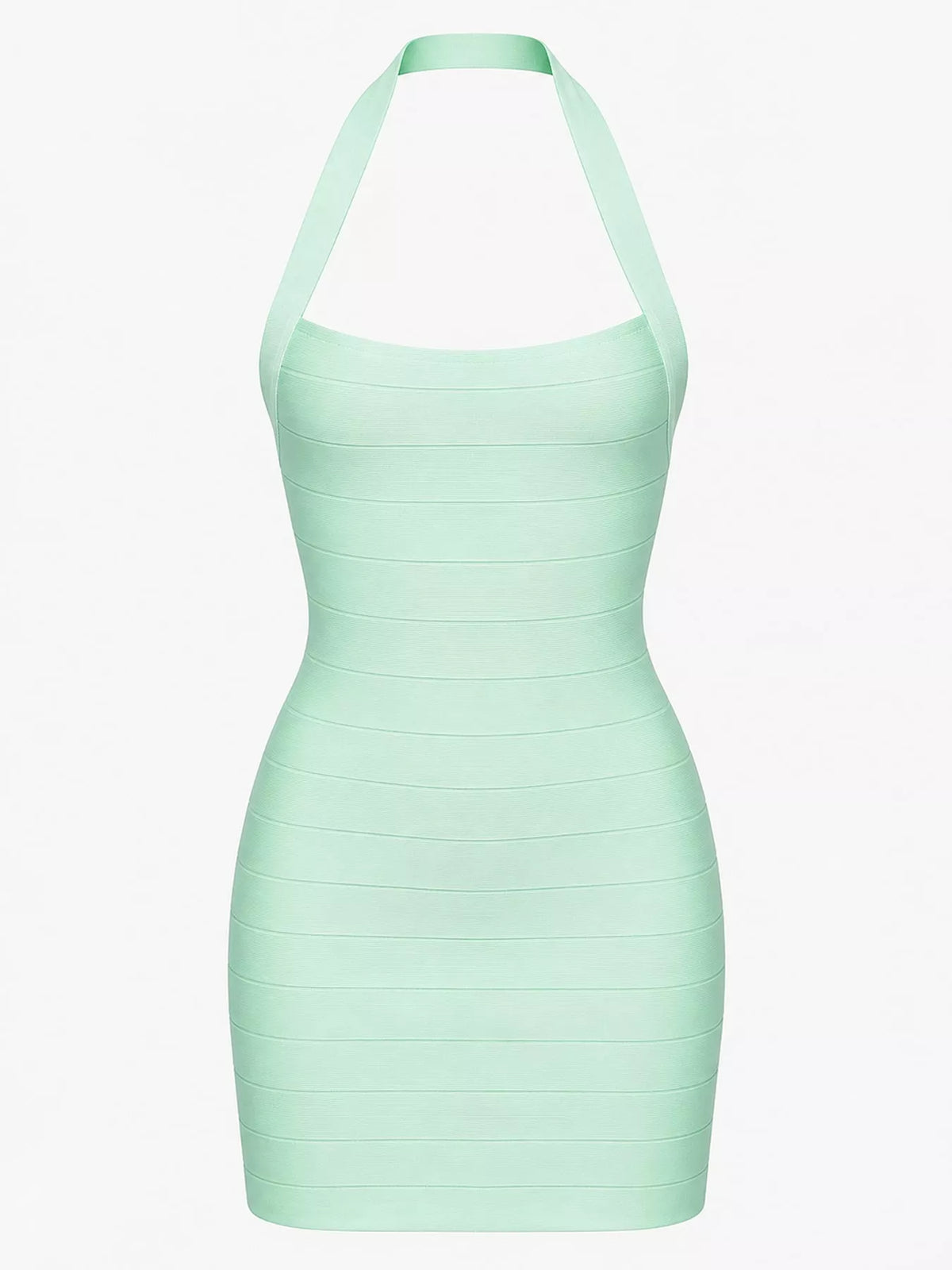 Mint green halter neck bodycon dress, front view