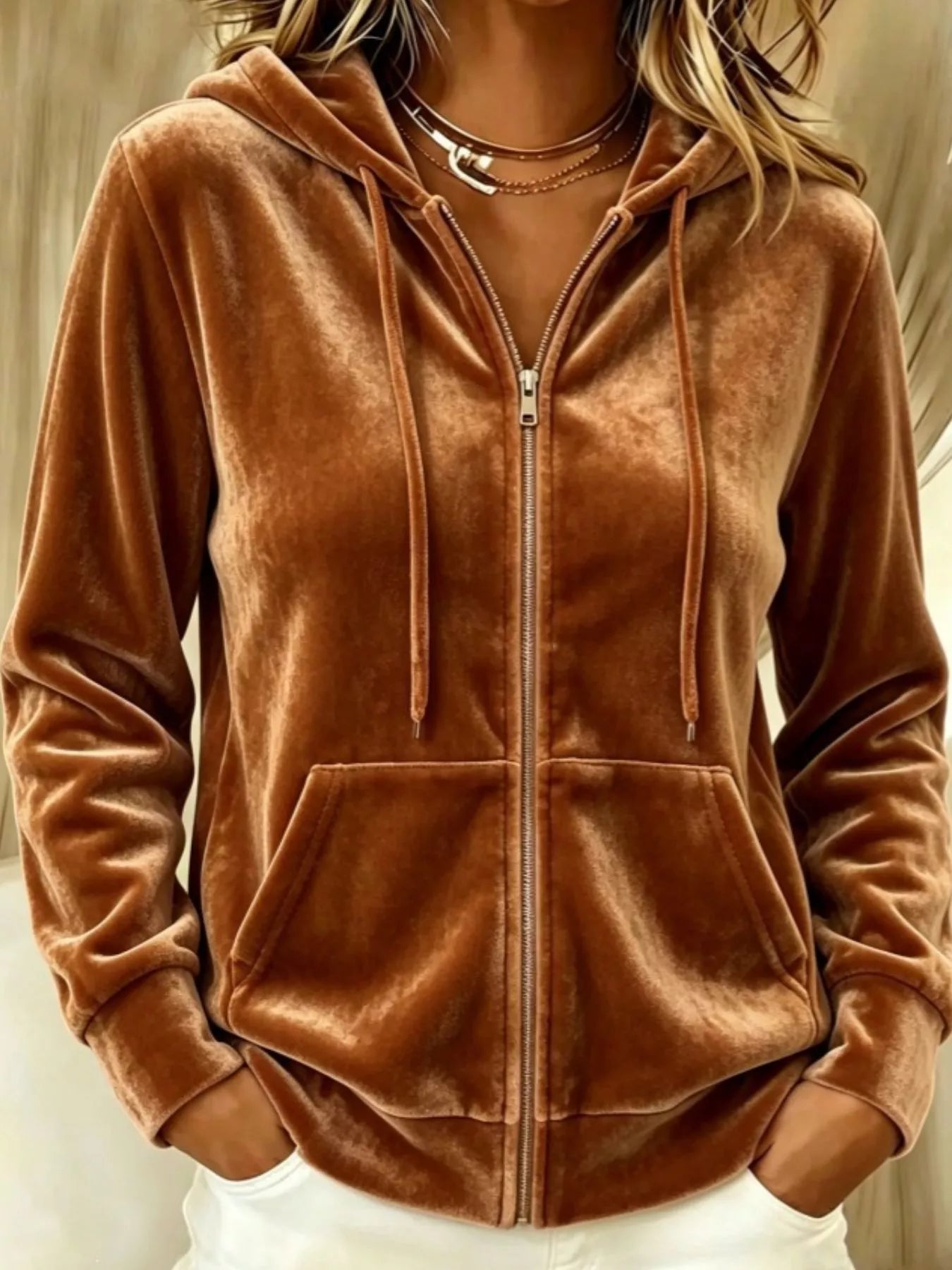 Trendsi Full Size Velvet Zip-Up Outerwear with Drawstring Plus Size -