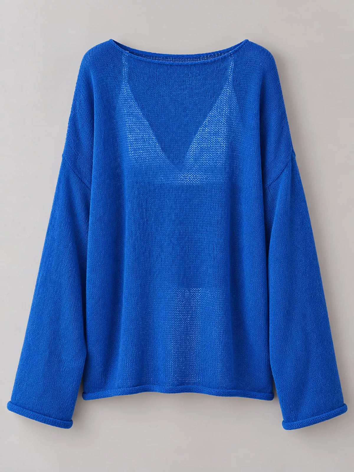 Blue sheer openwork knit long sleeve top