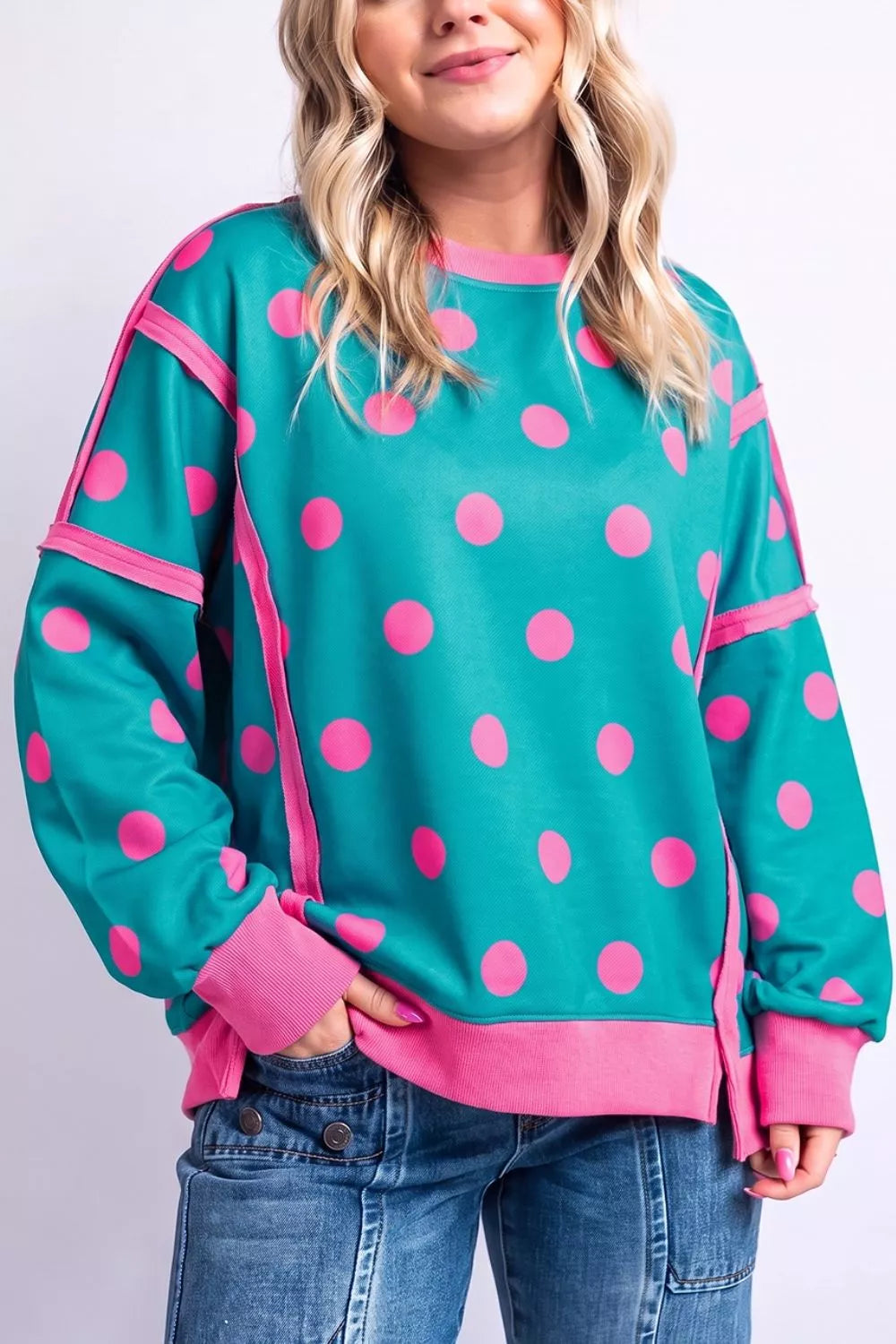 Trendsi Polka Dot Contrast Patchwork Round Neck Baggy Sweatshirt -