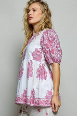 Trendsi POL Vintage Hand Block Print Floral Woven Blouse -