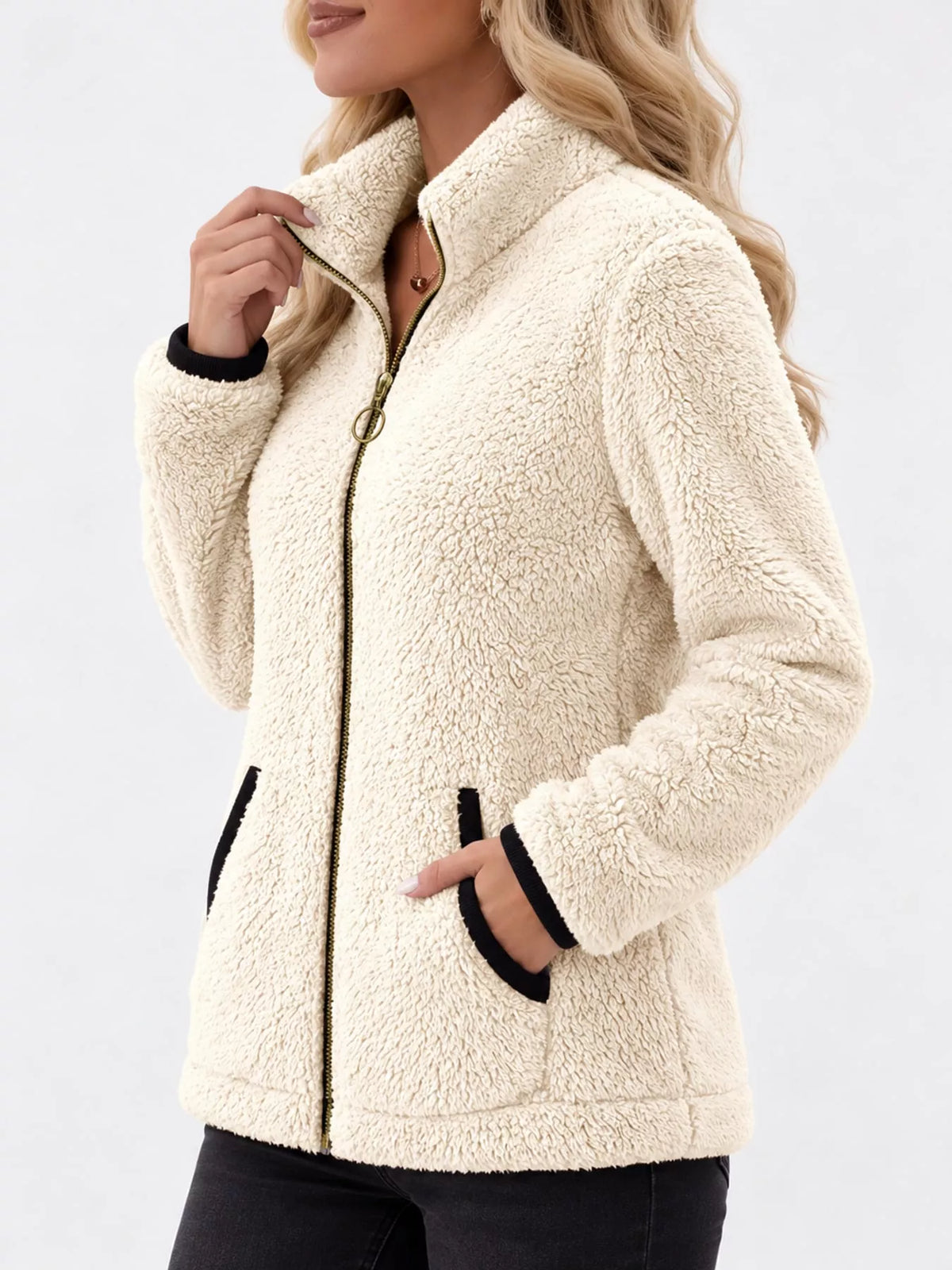 Contrast-trim fleece jacket, cream side