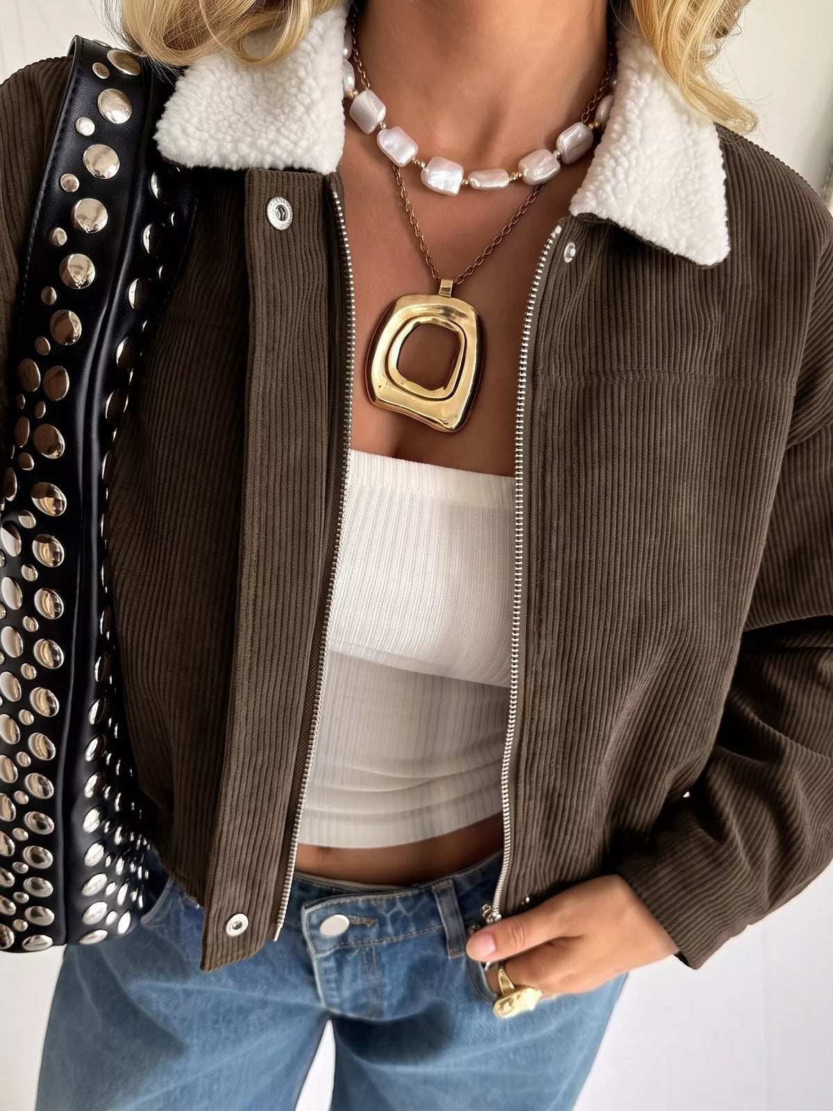 Trendsi Contrast Sherpa Collar Corduroy Zip Up Jacket -