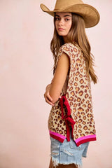 Trendsi BiBi Leopard Pattern Side Tied Sweater Vest Top -