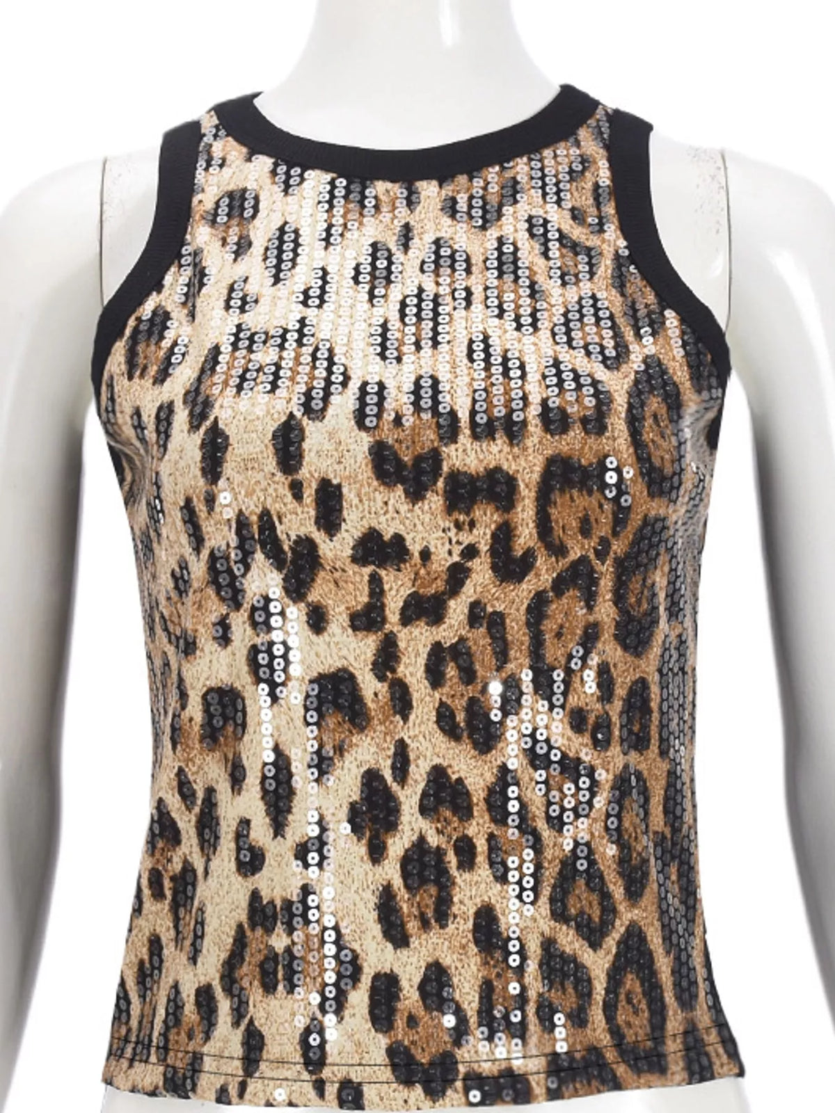 Brown leopard-print sequin round neck tank
