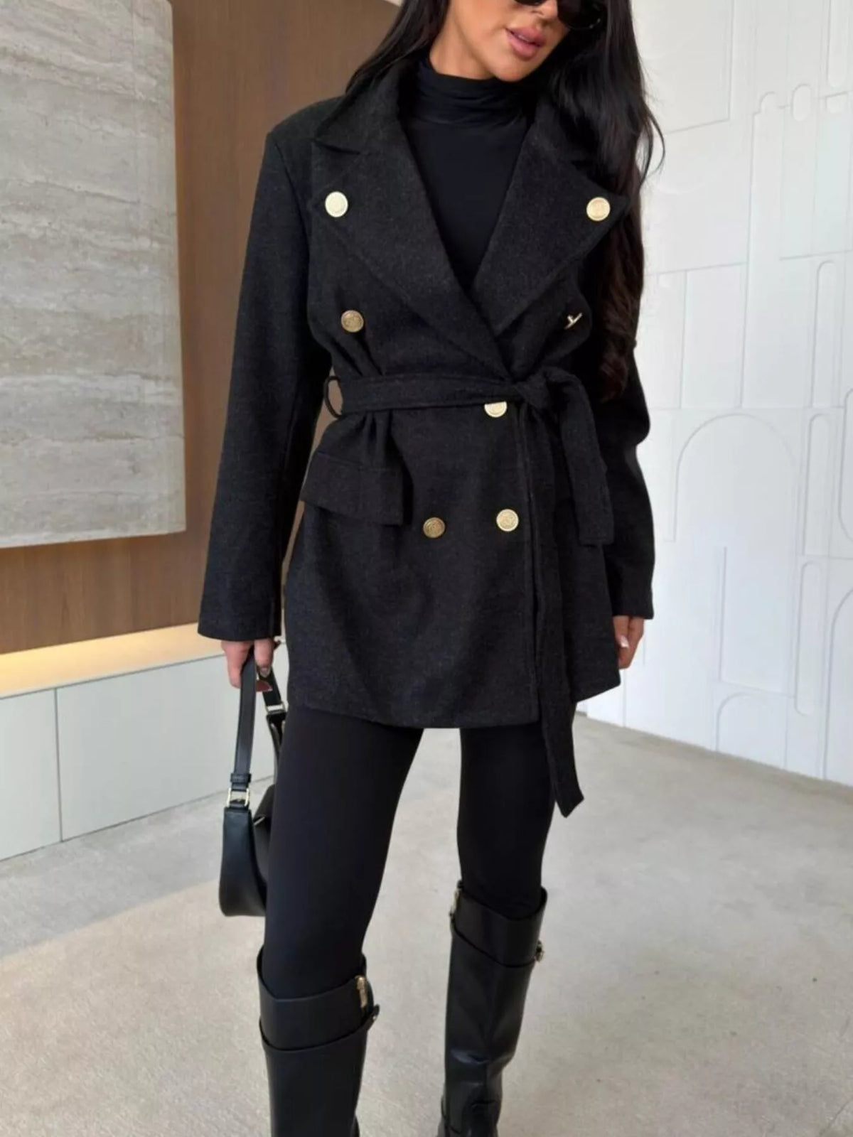 Black double-breasted belted wool-blend coat