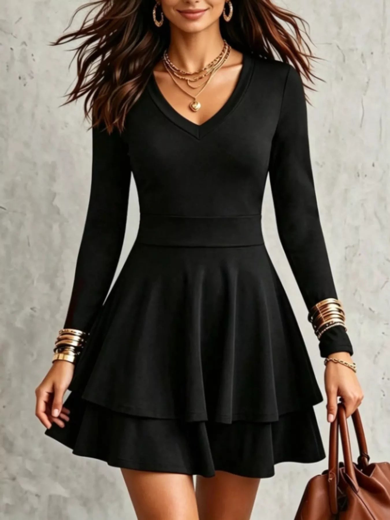 Trendsi V-Neck Long Sleeve Layered Ruffle Mini Dress -