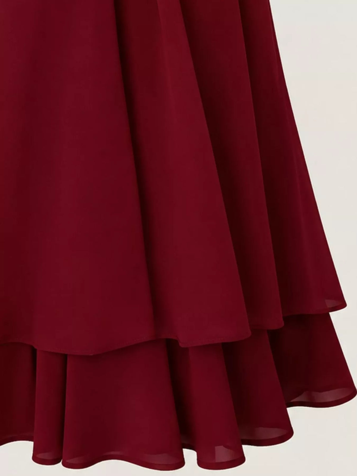 Burgundy halter neck chiffon mini dress, layered hem detail