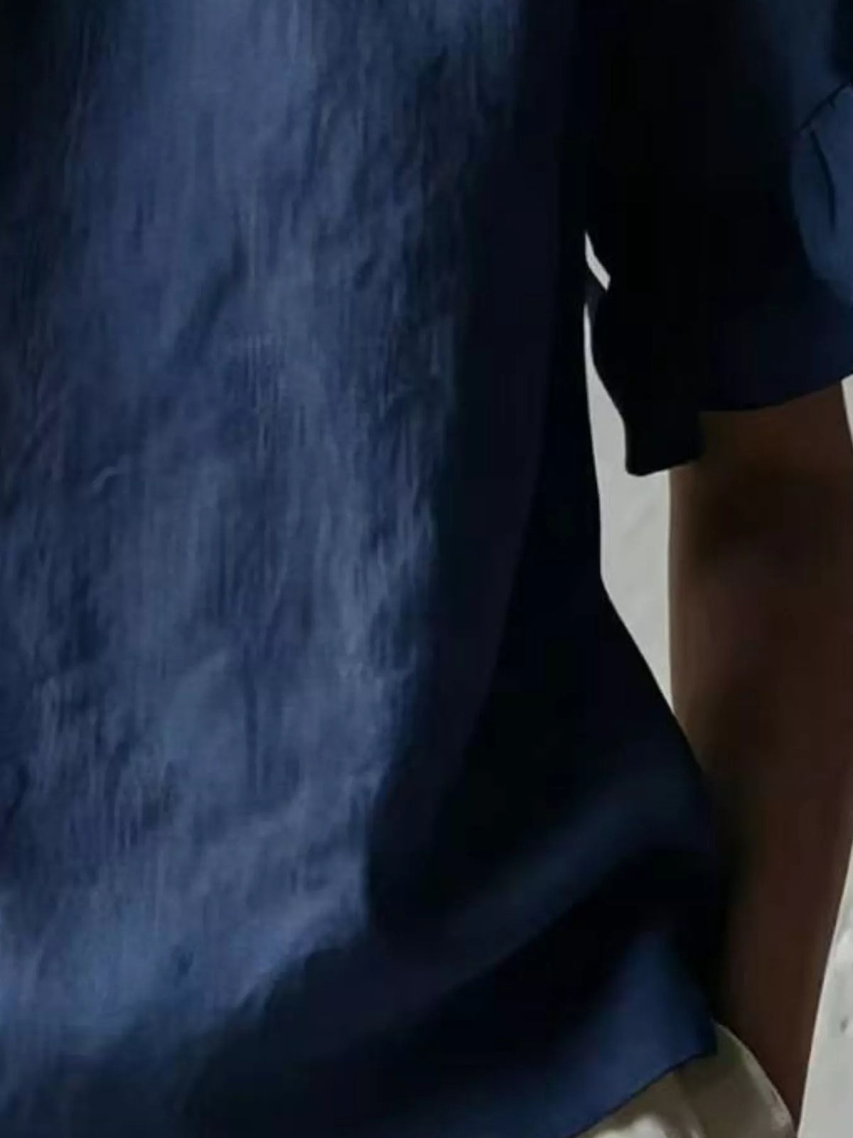 Dark Blue Ruffle-Neck Short Sleeve Blouse, hem detail