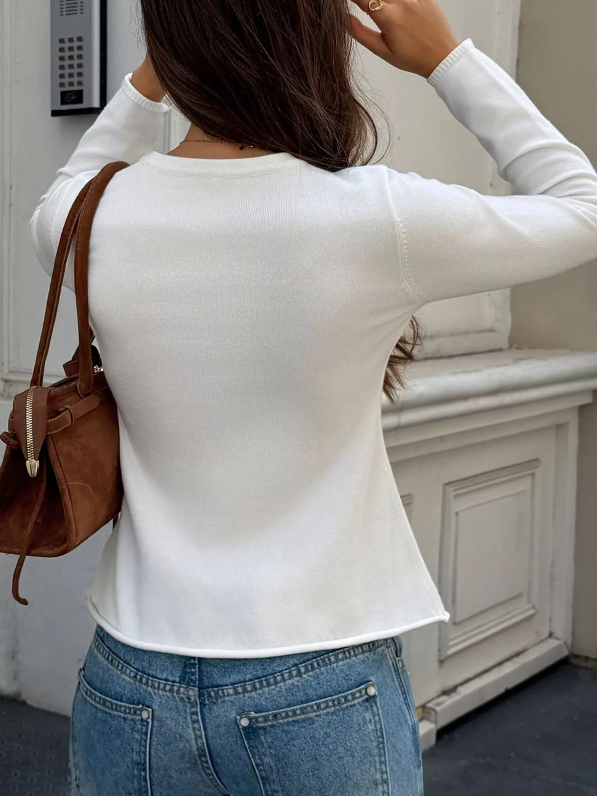 Button-Front Long Sleeve Cardigan in white, back view