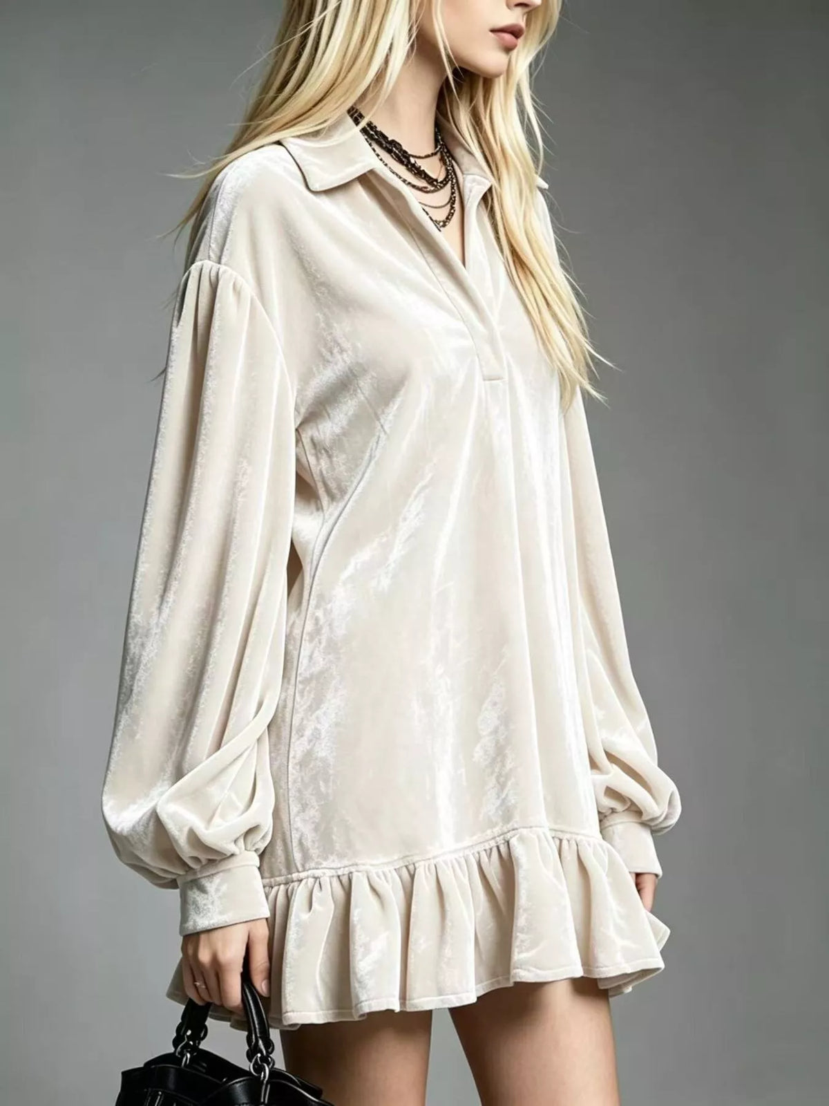 White Velvet Long Sleeve Ruffle-Hem Mini Dress side view
