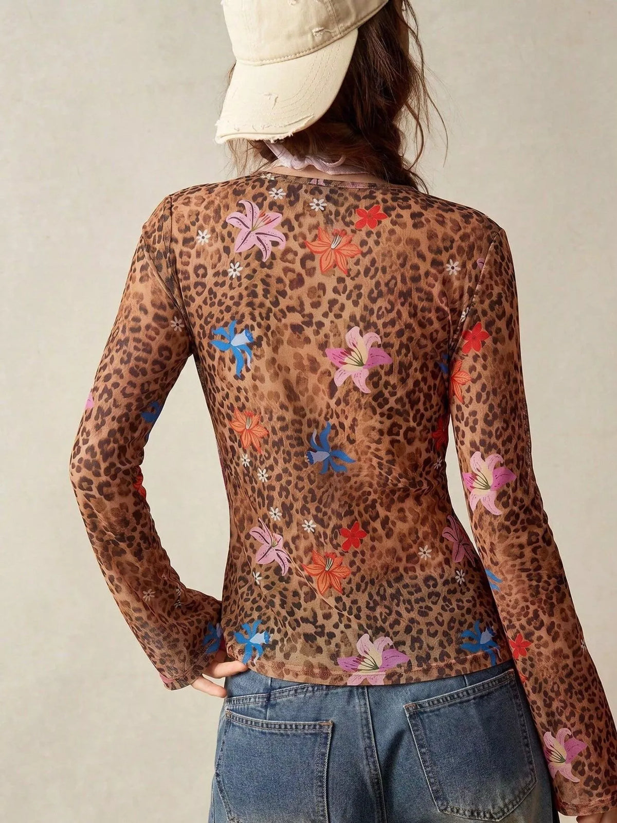 Women's Printed Flare Sleeve Button Down Top in Brown, alternate view