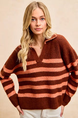 Trendsi BiBi Striped Sweater Top with Collar Stitched Details -