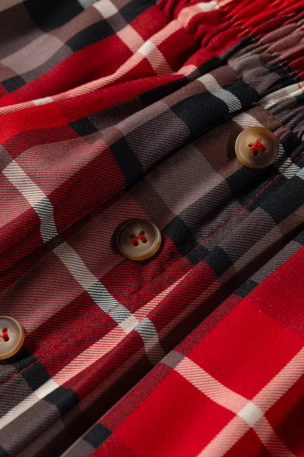 Plaid Elastic Waist Pocket Regular Full-Length Pants in red, button detail